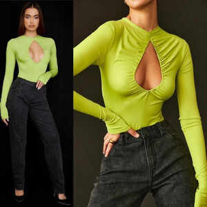 House of CB London‎ Estrelle Lime Green Cut Out Long Sleeve Bodysuit top size S